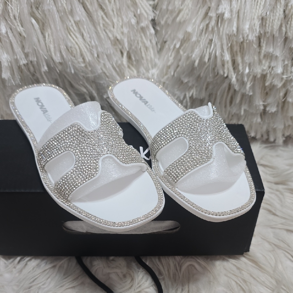 Fashion Nova White and Silver Embellished Sandals